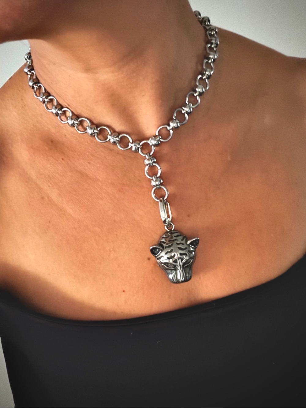 Stainless Steel Tiger Head Pendant Necklace - Silver - Picture 6 of 6